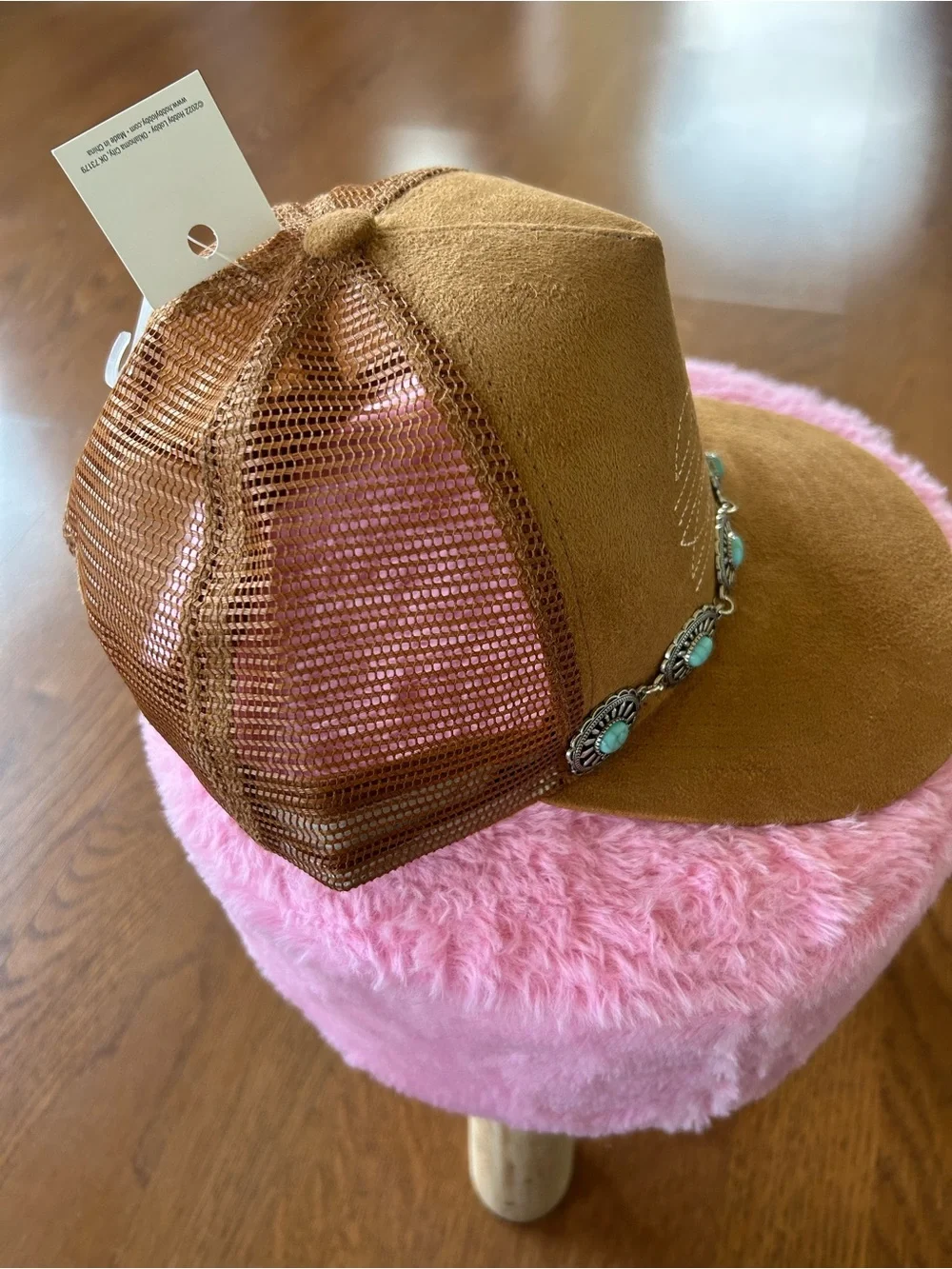 Custom Western Suede Trucker Hat with Turquoise & Silver Conchos
